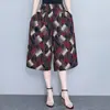 Pantalones anchos de pierna recortada para mujer, pantalón de moda de talla grande, elásticos, de cintura alta, de algodón y seda, con flores, para bailar, para mamá, novedad de verano