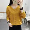 Camisa Delgada Calada 2023 Primavera y Otoño Nueva Coreana Holgada Cuello en V Suéter Pulóver para Mujer Color Sólido Camisa Base de Punto