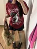 Camiseta Roja Gruesa con Estampado de Gato Kawaii Talla Europea Estilo Punk Harajuku Top Lindo con Gráfico Manga Corta