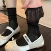 Meias Miu Cinza para Mulheres, Meias de Cano Médio, Estilo Fino de Verão, Meias Longas com Borda Enrolada, Meias Baggy Estilo Ballet em Malha Vazada para Verão