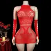 Bodysuit de Peixe em Renda com Strass Brilhante Estilo Natalino Transfronteiriço Vermelho Erótico com Recortes Sexy Peça Única Lingerie Pijama