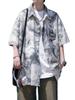 Camisa de manga curta tingida com nó, masculina, verão 2024, nova camisa de seda gelada, flor de praia, jaqueta solta de marca da moda