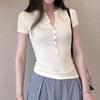 Camiseta de Manga Curta em Tencel com Gola Henry Três Cores para Mulheres, Pronta Entrega, para Primavera/Verão, Slim Fit, Top para Usar por Baixo com Design de Botão