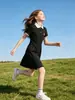 Vestido Polo de Color Sólido Estilo Universitario Coreano Transfronterizo, Nuevo Modelo de Verano para Niños Mayores, Cuello Camisero Color Bloqueado, Vestido Ceñido a la Cintura