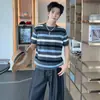 Camiseta de punto de manga corta para hombre con textura a rayas, diseño calado, estilo old money, seda helada para negocios, verano, venta al por mayor de fábrica transfronteriza
