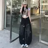 Jeans de pierna ancha curvados, negros y grises estampados, de cintura alta, para mujer, estilo otoño, petite, holgados, adelgazantes, de pierna recta, pantalones de longitud hasta el suelo