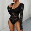 2026 Bodysuit Sexy de Renda com Decote V para Mulheres, Ajuste ao Corpo, Manga Longa Transparente, Macacão Transpassado Amazon Cross-Border