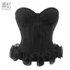 Comércio Exterior Atacado Corset Preto com Listras Finas Bainha com Babados de Organza Sem Alças Modelador de Cintura Corset