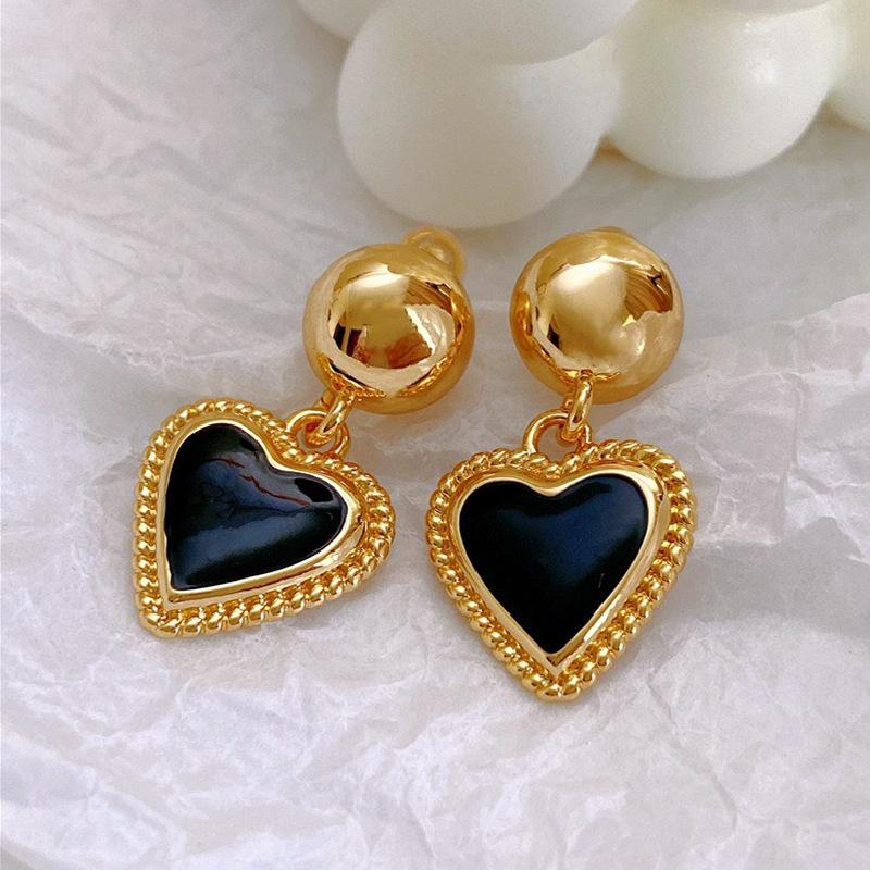 2212085 法式复古铜镀真金黑色滴釉桃心耳环ins 金属