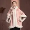 Casaco tipo capa feminina, Outono e Inverno, Forrado com fleece, Lã sintética, Floco de neve, Rosa, Caimento solto, Tamanho grande, Gola de pelo, Casaco grosso, Poncho