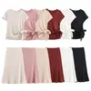 Roupas femininas macias populares transfronteiriças, vestido midi macio europeu e americano, top AliExpress com decoração de laço, conjunto de saia INS, poliéster