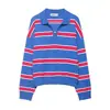 Roupas femininas de comércio exterior europeu e americano transfronteiriço ZA, populares no AliExpress, suéter de malha casual listrado vintage de outono com gola polo