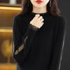 Camisa Base com Gola de Renda Feminina Nova Chegada da Primavera Suéter de Tricô com Detalhe de Orelha Suéter de Gola Alta Estilo Western Suéter Fino de Lã