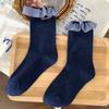 Acessórios Populares Estilo Japonês com Borda Franzida Meias Longas Tubulares Azul Marinho de Meio Tubo com Laço de Renda Meias Xadrez Doces para Mulheres