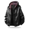 Chaqueta de Cuero de Dos Piezas Falsas Desmontable con Gorro a Cuadros para Hombre, Nueva Tendencia Retro Americana Holgada con Capucha para Otoño e Invierno
