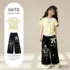Conjunto de Duas Peças Casual de Calça de Renda com Laço para Meninas, Estilo Preppy, Moderno e Personalizado, com Top Plissado