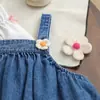 Conjunto de falda de tirantes de mezclilla para bebé niña estilo coreano con cuello de muñeca, manga larga, elegante conjunto de dos piezas para niños, lindo