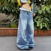 Jeans de Mujer Otoño con Dobladillo Curvo y Diseño de Bordado de Estrellas Pantalones Sueltos Azul Retro Nuevos Pantalones de Pierna Ancha Hacen que las Piernas Parezcan Más Largas