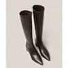 Primeiro encontro botas femininas de cano alto bico fino salto grosso elástico salto médio alto botas de montaria