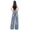Jeans com Personalidade Nova 2026 Tom Azul Preferido Linha Dividida Bordado no Bolso Traseiro Design Retrô Calças de Perna Larga Calças Longas