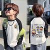 Camiseta de Manga Longa Color Block de Algodão Puro para Meninos, Nova Estilosa e Bonita com Estampa de Desenho Animado, Camiseta Básica Gola Redonda para Crianças Mais Velhas