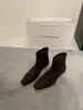2026 Novas Botas de Cano Curto Retrô Marrom Camurça Estilo Coreano Salto Bloco Quadrado Afuniladas Emagrecedoras Femininas Outono Inverno com Zíper nas Costas