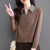 Nuevo cárdigan de punto para otoño e invierno para mujer con cuello de camisa, solapa pequeña, botones de color bloqueado, suéter de cuello redondo, chaqueta, top para mujer