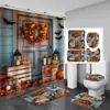 Cortina de Ducha Impermeable con Tema de Halloween Juego de Cuatro Piezas Decoración de Calabaza Cortina Divisoria de Baño Juego sin Taladro