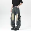 Jeans masculinos de alta qualidade, estilo americano de rua, retro, resistente, com aspecto desgastado, lavados, design patchwork desconstruído, perna reta e larga