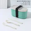 Lancheira Plástica Dupla Camada Estilo Japonês com Garfo, Colher, Hashis e Talheres, Lancheira para Trabalhador de Escritório, Ecológica