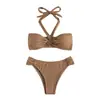 Bikini de traje de baño de dos piezas de color sólido sexy con cuello halter de cintura alta y copa triangular, nuevo estilo europeo y americano para comercio exterior 2026 para mujeres al por mayor