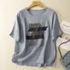 Nuevo Top Vintage de Algodón y Lino Estampado para Mujer, Suéter Artístico Versátil de Manga Corta, Camiseta Elegante