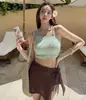 Traje de baño de dos piezas con bloques de color, estilo dulce y femenino, para busto pequeño, con tiras, conservador, de cintura alta, disimula el abdomen, adelgazante, para mujer