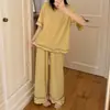 Pijama de verano para mujer, cuello redondo de modal, bordes de doble capa, simple casual holgado de manga corta y pantalón largo conjunto para casa