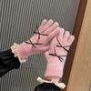 Nuevos Guantes Coreanos Lindos Estilo Ins de Lazo de Cinco Dedos para Mujer Invierno Cálidos Piel de Conejo Ciclismo Guantes de Dedos para Mujer