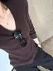 Suéter de punto marrón con cuello en U grande y manga larga para mujer, Otoño e Invierno, Top de punto fino ajustado para usar debajo