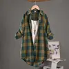 Camisa a Cuadros Transfronteriza para Mujer Delgada Ropa de Protección Solar Holgada de Algodón y Lino Top con Sentido del Diseño Abrigo de Longitud Media Camisa de Comercio Exterior