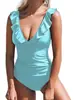 Traje de baño europeo y americano de una pieza para mujer, con cuello en V, volantes, cordones, estampado sexy, transfronterizo, bañador de comercio exterior caliente de Amazon