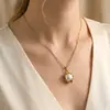 Collar de Cadena de Acero Inoxidable Transfronterizo para Mujer, Cadena Gargantilla con Colgante de Moda Versátil de Perla Imitación Ovalada de Oro de 18K Venta al por Mayor Dropshipping