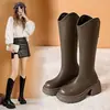 Botas largas de suela gruesa para mujer, nuevo estilo otoño/invierno 2026, forradas de felpa, tacón grueso, botas de montar hasta la rodilla, adecuadas para mujeres menudas, no llegan a la rodilla