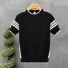 Uau, Camiseta de Verão Personalizada, Moda Casual de Manga Curta, Listras Simples Color-Blocking, Top de Tricô Masculino de Manga Curta com Gola Redonda