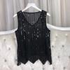 Camisola de Verano 2022 Estación Europea con Diamantes Camiseta de Malla Bordada con Pedrería Hecha a Mano con Cuentas Top sin Mangas para Mujer