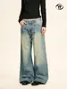Calça Jeans Casual Yongfang Estilo Americano Lavado Retro Azul para Homens e Mulheres, Design Solto com Cordão Gradiente, Perna Larga Reta
