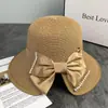 Sombrero de Sol Nuevo Estilo de Verano con Lazo para Mujer, Sombrero de Paja a la Moda, Estilo Coreano con Perlas y Ala Ancha para Cubrir el Rostro, Protección Solar, Sombrero de Pescador