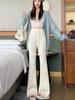 Foto Real de Pantalones Acampanados con Cordón y Botón para Mujer en Otoño e Invierno Nuevo Estilo de Cintura Alta Adelgazantes Suaves tipo Cera Estilo Perezoso Casual de Punto de Pierna Ancha