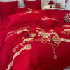 Conjunto de Cama de Algodão Puro para Casamento de Quatro Peças, Capa de Edredom de Algodão para Casamento, Conjunto de Lençóis de Três Peças, Edredom Vermelho Festivo para Casamento, Novo Modelo 2025