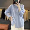 Cárdigan de punto para mujer, suave, casual, holgado, a rayas, abotonado, con bloques de color, terciopelo Andy, amigable con la piel, cuello polo, manga larga