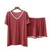 Roupas de Casa de Verão para Mulheres Conjunto Esportivo Casual Pijama de Manga Curta Camiseta de Modal Contraste de Cores Roupa Externa Conjunto de Duas Peças da Moda