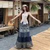 Falda de verano para mujer, estilo nuevo, azul artístico con bloques de color estampados, corte slim vintage, elegante y casual, hecha a medida