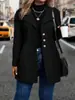 Casaco de lã vintage estilo europeu e americano plus size com lapela e design de fivela de metal, corte justo, comprimento médio, manga longa